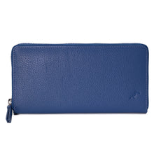 Charger l&#39;image dans la galerie, Compagnon/Portefeuille long zippé avec porte-monnaie en cuir véritable de vachette - bleu - blocage RFID - Femme
