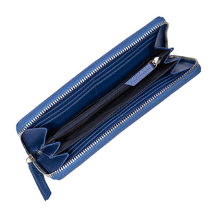 Compagnon/Portefeuille long zippé avec porte-monnaie en cuir véritable de vachette - bleu - blocage RFID - Femme