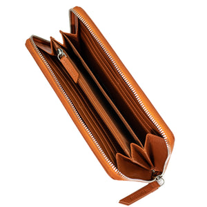 Compagnon/Portefeuille long zippé avec porte-monnaie en cuir véritable de vachette - cognac - blocage RFID - Femme