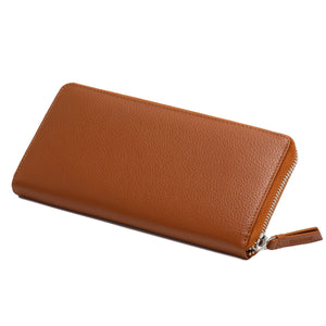 Compagnon/Portefeuille long zippé avec porte-monnaie en cuir véritable de vachette - cognac - blocage RFID - Femme