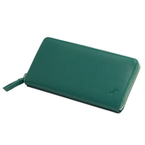 Compagnon/Portefeuille long zippé avec porte-monnaie en cuir véritable de vachette – vert/vert-bleu - blocage RFID - Femme